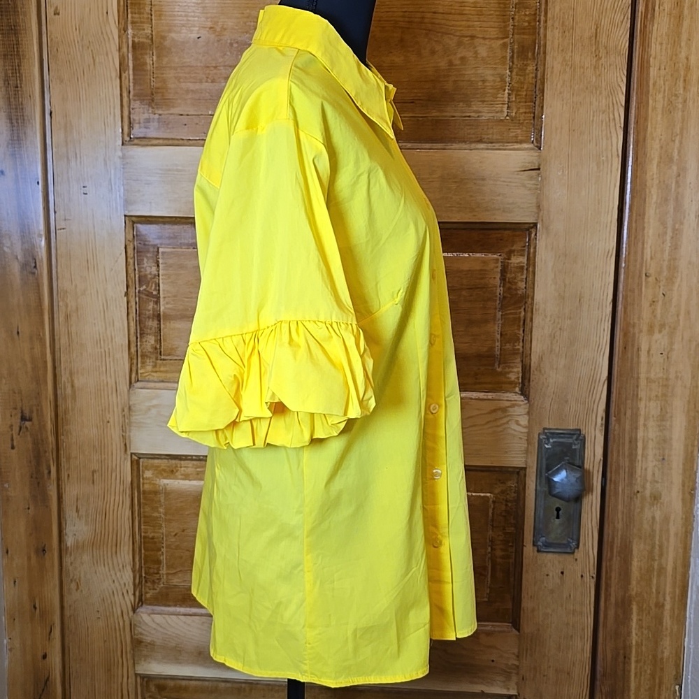 Ashley Stewart Sunny Yellow Button-Down Short Ruffle Sleeve Shirt - Picture 3 of 5